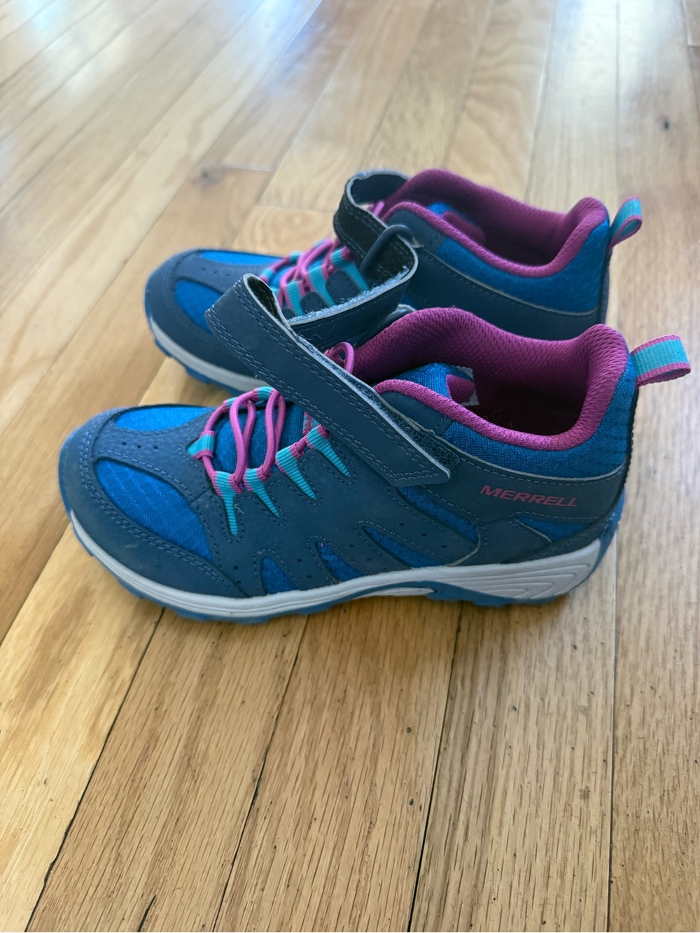 Merrell Youth Blue High Top Trail Sneakers with Pink Trim